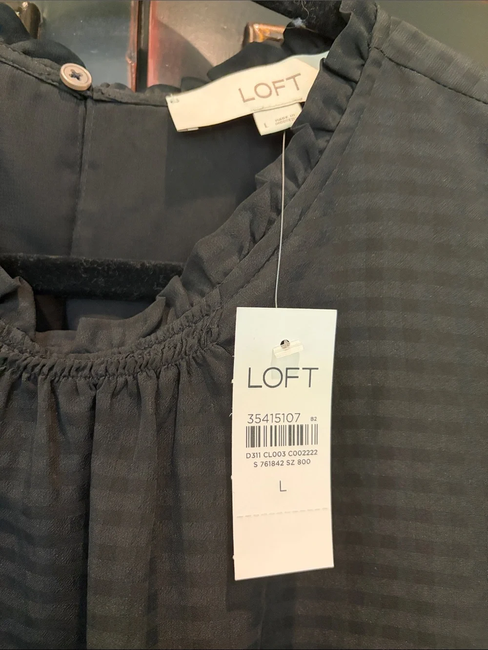 LOFT Black Check Puff-Sleeve blouse